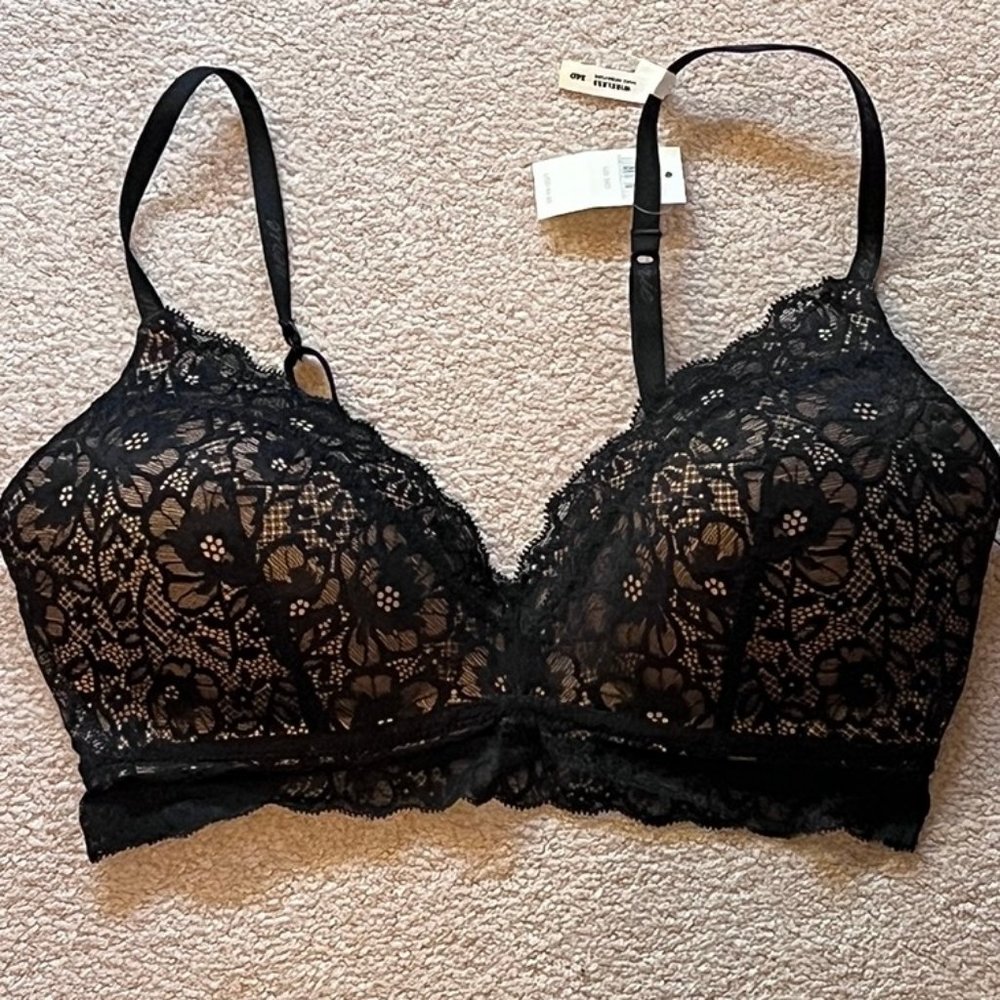Aerie Real Happy Wireless Convertible Lace Bra Black Cream 34D